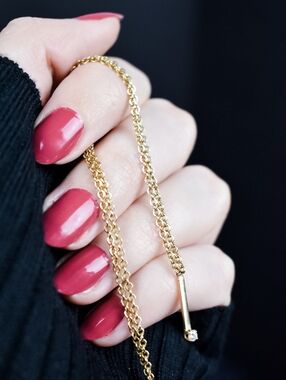 14K Yellow Gold Diamond Bar Pendant Necklace 16" Chain - Dainty Vintage Jewelry